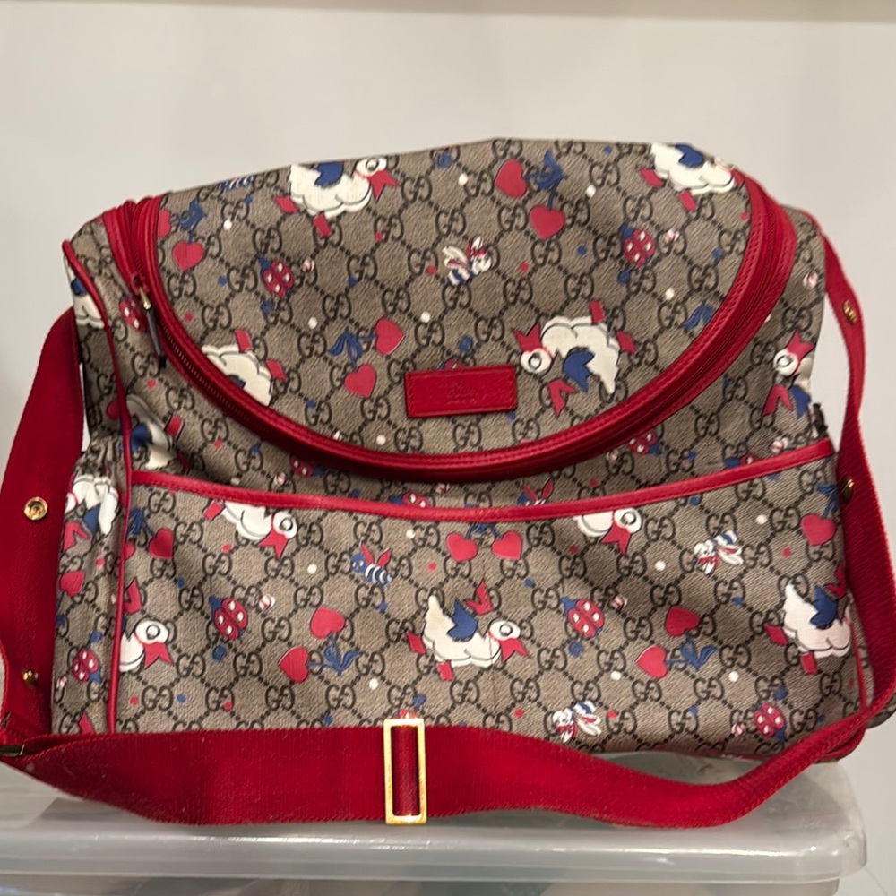 Gucci Red and Brown Baby Bag with Monogram and Floral Design